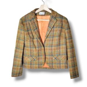 Vintage 70s Cropped Plaid Blazer by Personal Size 8-10 ILGWU Union Wool Academia